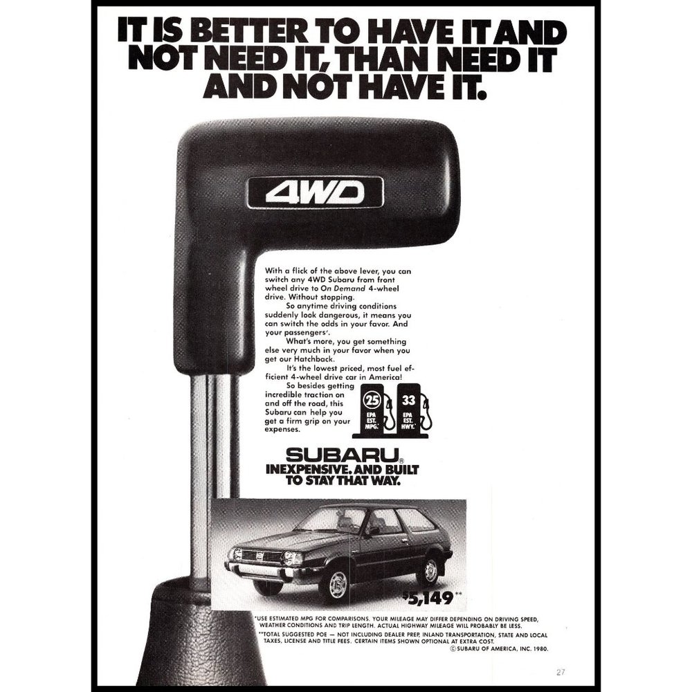1981 Subaru 4WD On Demand Shifter Vintage Print Ad 2 Door Hatchback Car Wall Art